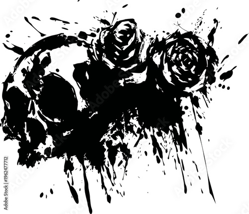 Black skull and roses ink splatter illustration with grunge paint splashes