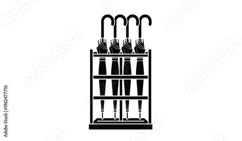 Silhouette of a black umbrella stand with multiple umbrellas on a white background