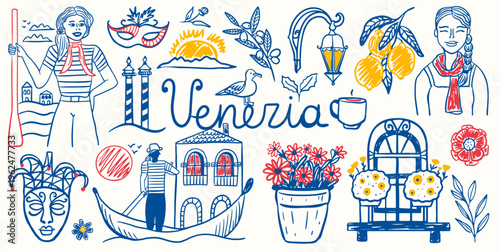Venice Italy set.  Hand-drawn gondola and gondolier, carnival mask, lemon, architecture and flowers. Vector elements in sketch style