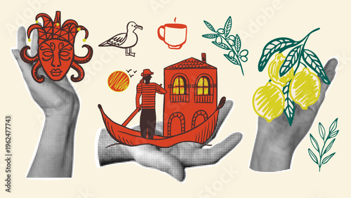 Venetian retro pop art collage illustration with  hands holding colorful Italian elements