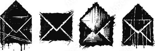 grunge black envelopes set with splatter and scratch textures vintage mail icons design