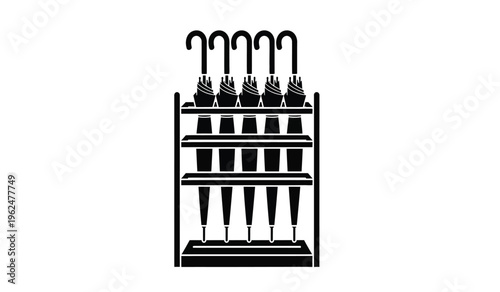 Silhouette of a multi tiered fireplace tool holder with hooks and rack silhouette