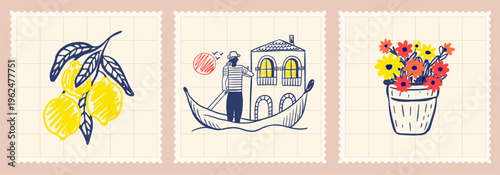 Set of three retro postage stamp with hand drawn colorful sketches of Italian lemons, Venetian gondola with house and potted flowers on grid background