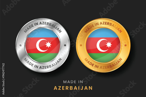 Glossy gold and silver origin seals with the flag of Azerbaijan. High-quality vector illustration for Azerbaijani products, manufacturing quality, and export branding icons.