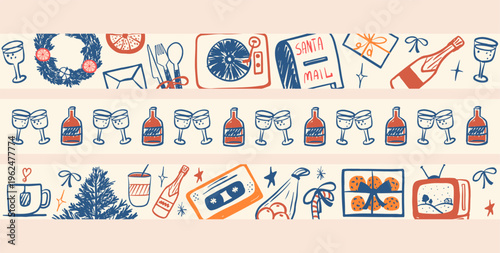 Set of horizontal seamless borders with retro Christmas doodles. 
