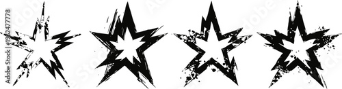 Four grunge black stars in varying distressed styles on white background