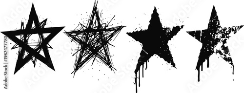 Grunge black stars set with rough edges and paint splatter effects, distressed textured design elements