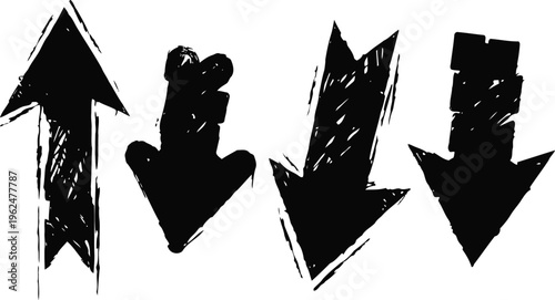 set of four grunge arrows pointing up and down with rough textured design