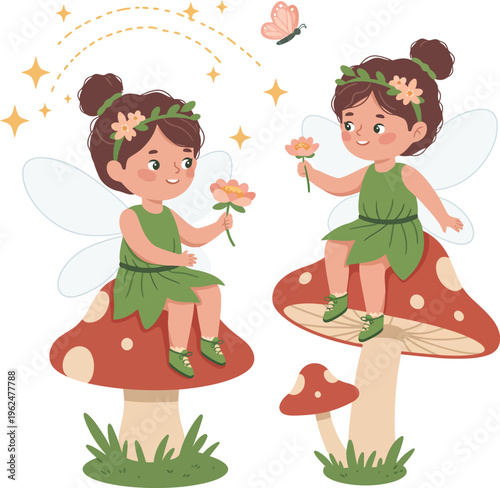 Two whimsical fairies standing on toadstools in a magical forest setting with flowers and hearts