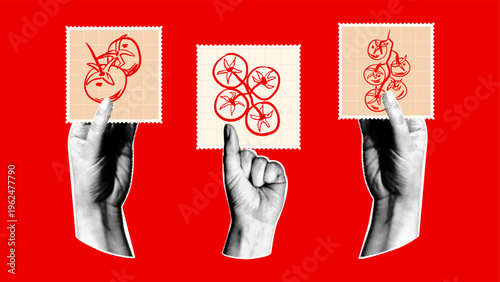 Halftone hands holding  postage stamps with red  tomato sketches. Retro collage design