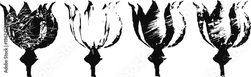 black and white vintage silhouette of four stylized abstract floral shapes in a row