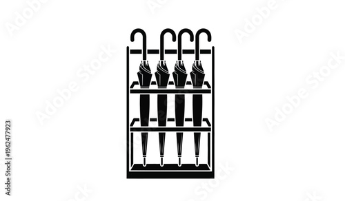 Silhouette of a black metal umbrella stand with multiple umbrellas