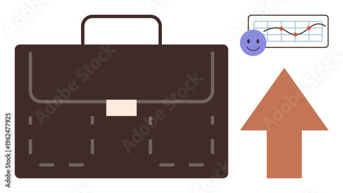 Business growth, career advancement, financial success, market analysis, company progress, performance tracking. A brown briefcase, upward arrow and trend chart with happy. Business growth