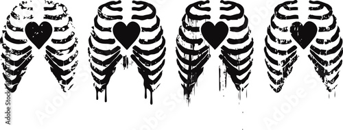 Stylized black ribcage illustrations with heart shapes, ink splatter effects, and grunge tattoo designs