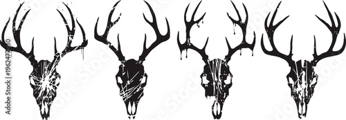 four black deer skull silhouettes with antlers in a row on white background