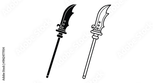 Two depictions of a traditional japanese kama sickle weapon in black and white