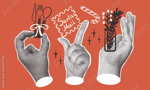 Set of retro collage elements with festive dinner cutlery, Santa mail stamp, candy cane and winter botanical branches. Halftone hands in vintage style.