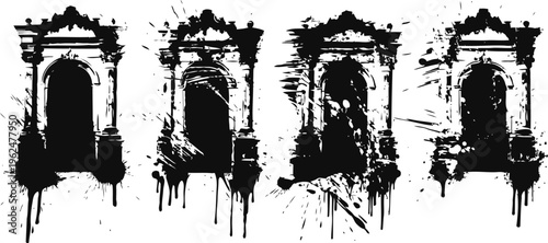 Four vintage arched window silhouettes with distressed and grunge textures in black