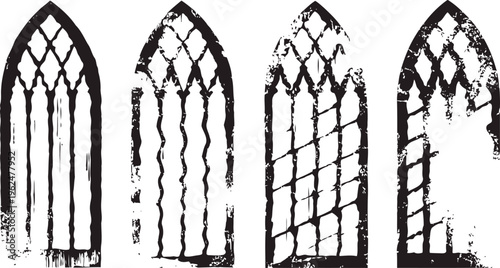 Gothic arched window silhouettes with distressed textures in varied medieval styles
