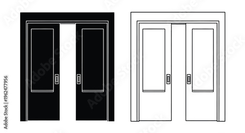 Black and white illustration of sliding doors in open and closed positions