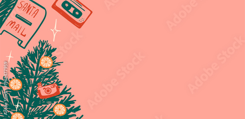 Hand drawn retro style Christmas background with pine tree, vintage camera, cassette tape and Santa mailbox. Festive background with   empty space