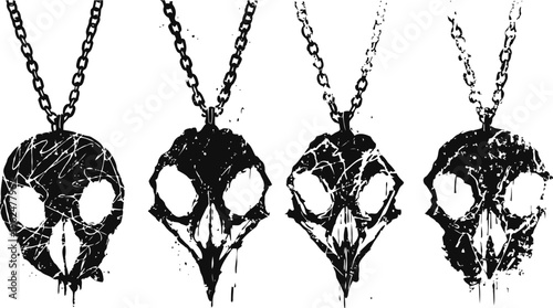 Four dark grunge skull pendants on chains, spooky gothic horror jewelry design set