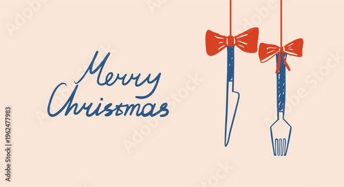 Merry Christmas greeting background with hanging dinner cutlery fork and knife. Festive banner