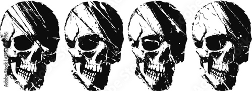 black skull with headscarf repeated in four identical silhouettes on white background