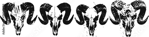 black silhouette animal skulls with large curved horns in a horizontal row