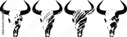 Four abstract bull skull silhouettes in black ink brush style, rustic western design elements