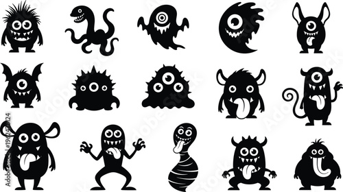 Cartoon monster silhouette vector collection featuring playful fantasy creatures with eyes, teeth, horns, wings, tentacles, tongues in humorous design artwork