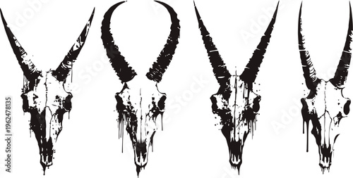 Four artistic black and white antelope skull illustrations with curved and straight horns