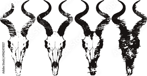Four black and white antelope skull silhouettes with twisted horns in distressed grunge