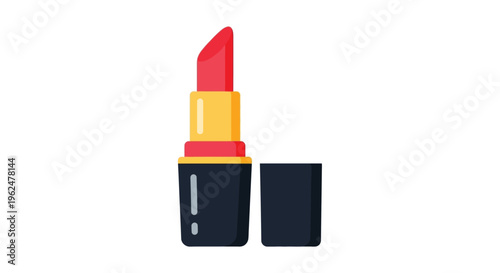 Red lipstick in black tube with yellow and pink accents in minimalist flat illustration for beauty branding