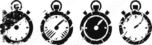 vintage stopwatch silhouettes in black with textured grunge style, classic time measuring icons set