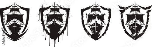 Set of black ship silhouettes with shield emblems in grunge and clean styles, marine and nautical symbols