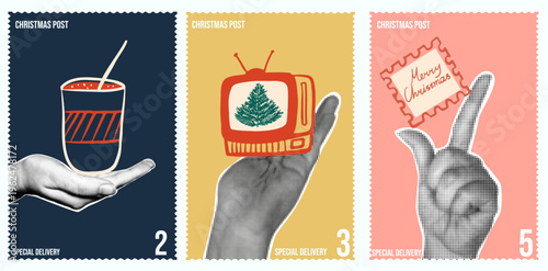 Set of three retro Christmas postage stamps with halftone hands holding a hot drink, vintage television and greeting card with Merry Christmas text on colorful backgrounds