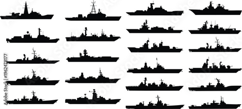 Naval warship silhouettes, military vessel collection, navy fleet illustration, maritime defense ships, naval architecture silhouettes, warship comparison grid, naval vessels