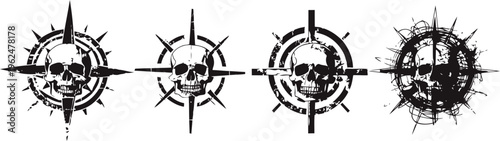 Grunge skull compass designs in black with directional points and distressed texture elements