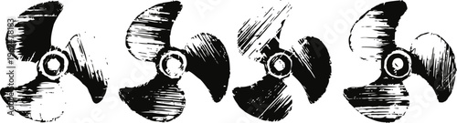 Set of vintage ship propellers four detailed black and white nautical boat blades illustration