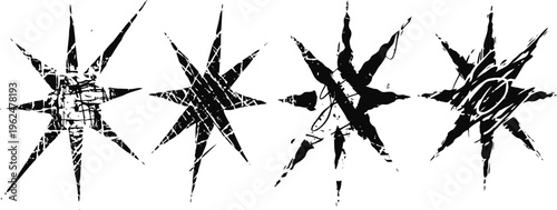 Four grunge star shapes with sharp pointed rays and distressed texture