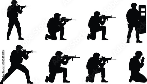 military, soldiers, silhouettes, army, tactical, combat, weapon, rifle, security, defense, team, action, standing, kneeling, aiming, shield, protection, forces, training, patrol