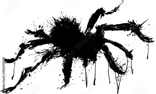 Abstract black ink spider silhouette with splatter effect on white background