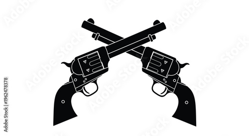 Two revolvers crossed in a stark black and white illustration