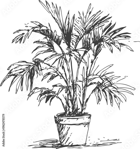 Potted indoor palm plant with long slender leaves in a decorative flowerpot sketch