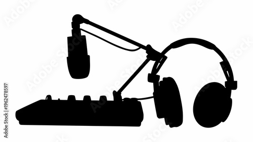 Studio recording setup silhouette with microphone headphones and audio mixer on white background for music production and podcasting