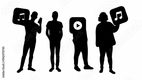 Silhouettes of people holding music and video icons for streaming services on white background