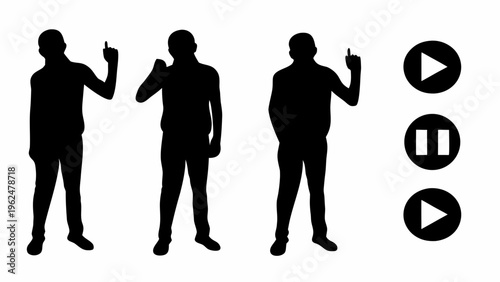 Silhouette icons of people interacting with play pause music controls on white background