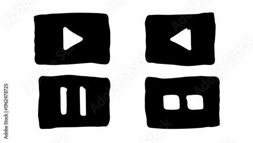 Hand drawn play pause icons for music player controls in black silhouette on white background for digital media