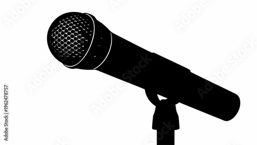 Microphone on stand in black silhouette against white background for podcasting and music recording